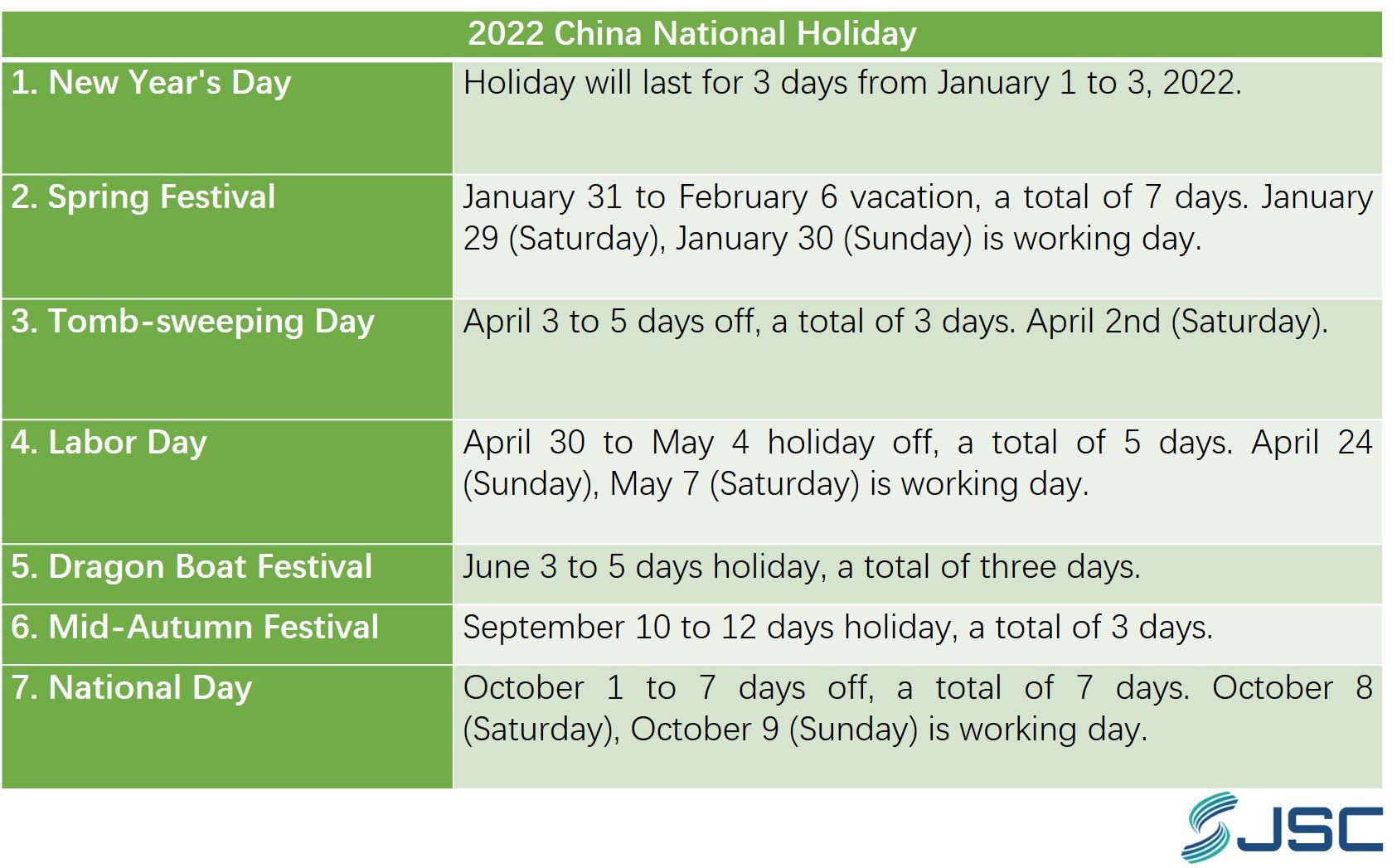 2022 China National Holidays