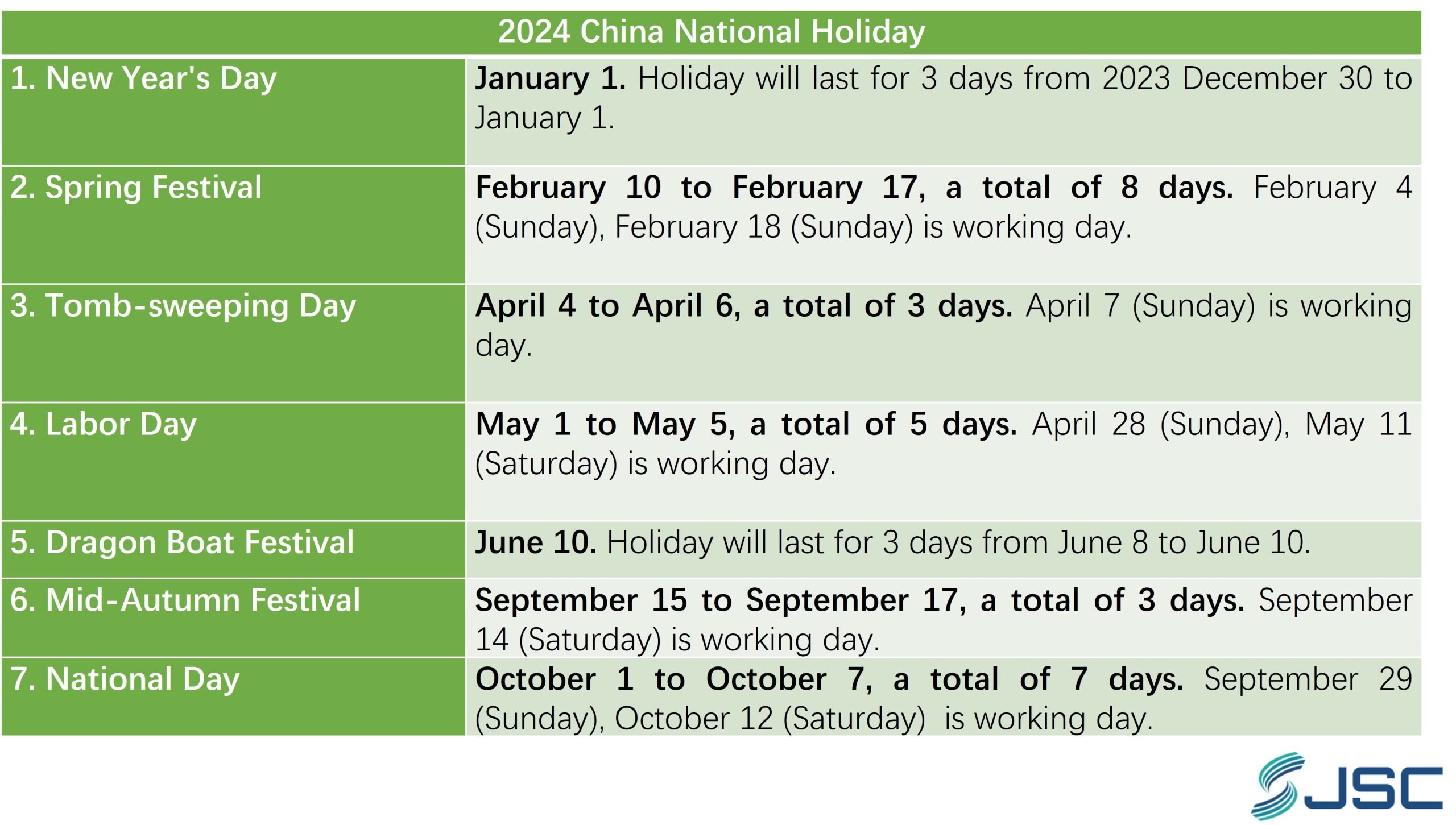 2024 China Public Holidays
