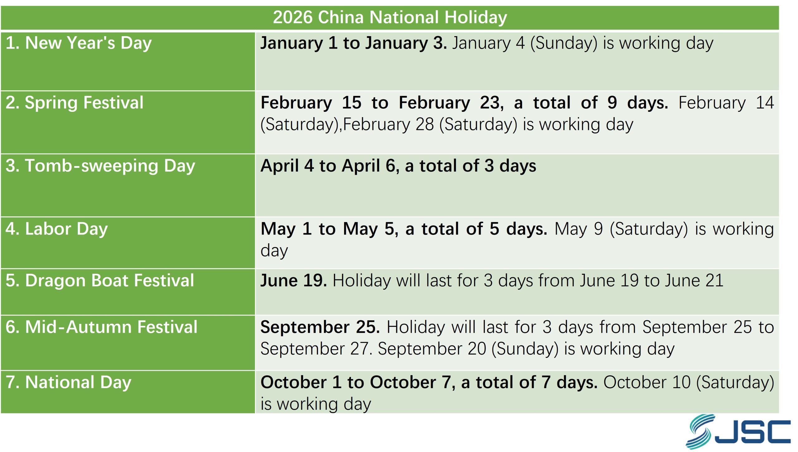 2026 China National Holiday